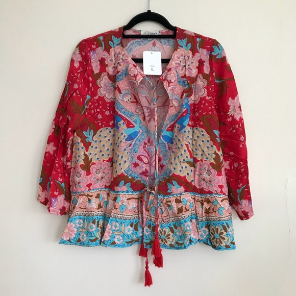 NWT Boho Lotus Floral Top Jacket Wrap Tassel Ties - Picture 5 of 7